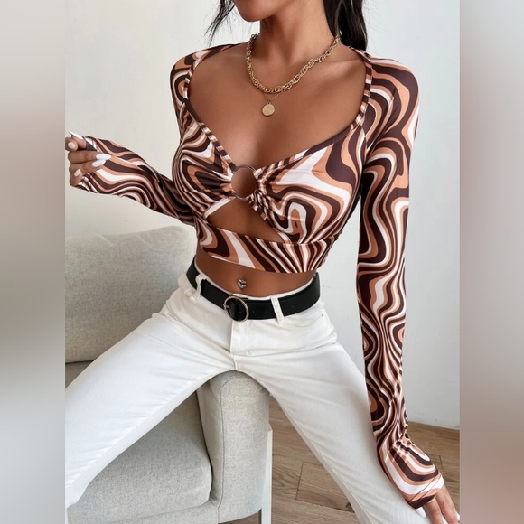 Shein Marble O-Ring Cutout Crop Top Size Small (4) + Brown Stretch Bracelet - Picture 7 of 14